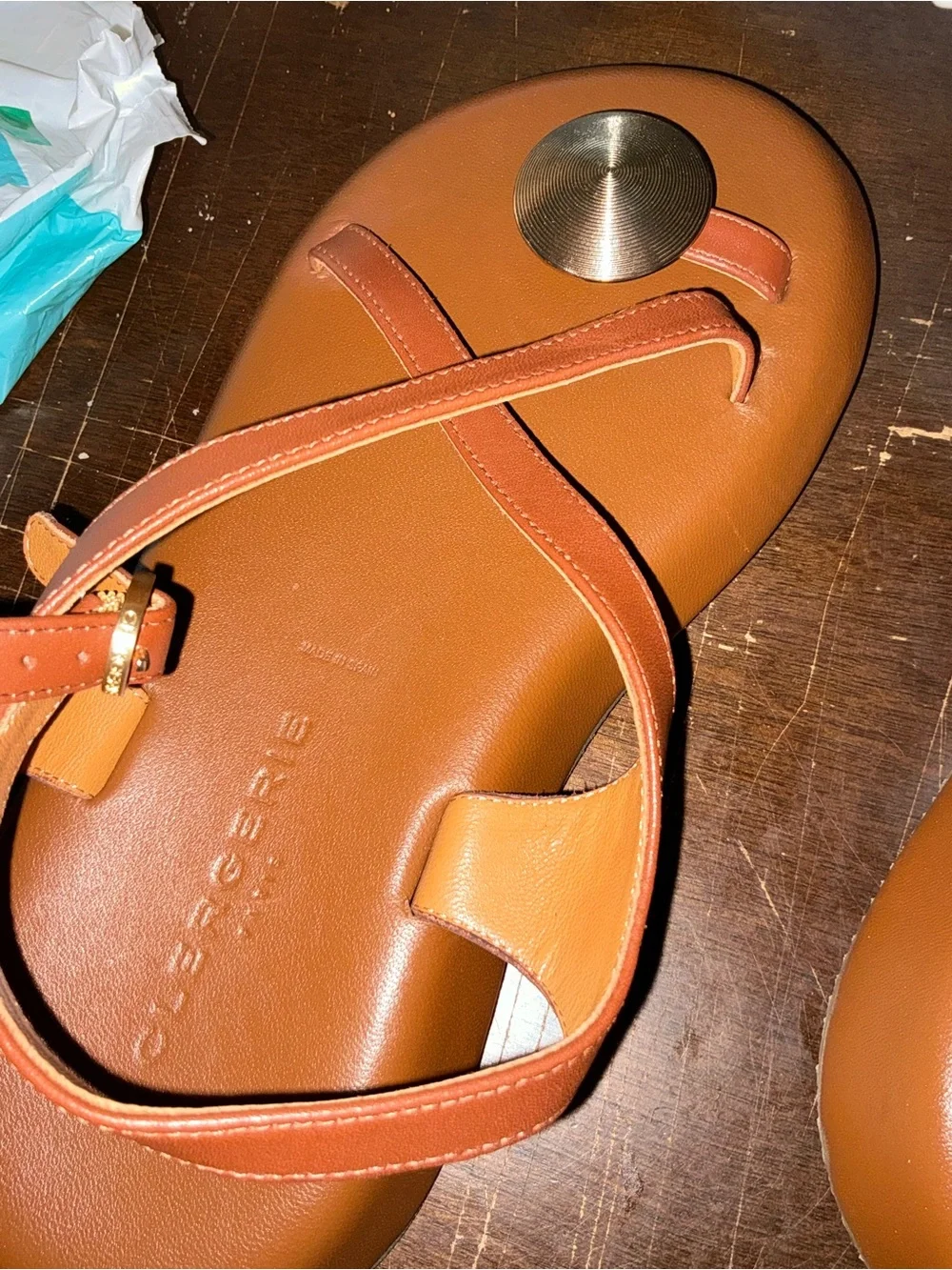 Robert Clergerie Brown Leather Toe-Ring Slingback Sandals with Gold Disks